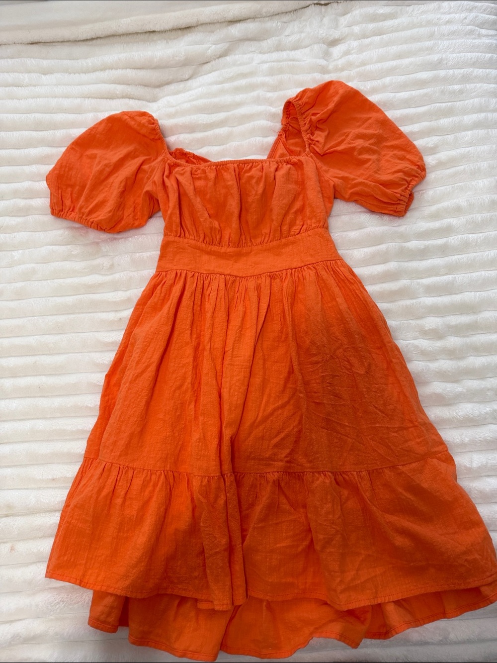 Girls' Orange Puff-Sleeve Tiered Dress